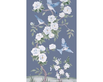 Bluebirds And Peonies, A Dark Blue Chinoiserie Fine Art Print