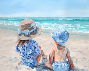 Beach babies: baby blues, a coastal fine art print on paper of an original acrylic painting of two kids at the beach