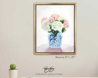 Hydrangea chinoiserie art canvas wrap, available framed. "New England Summer" No. 165