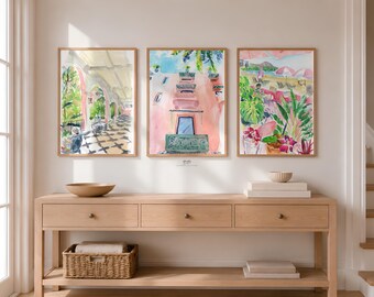 Hawaii watercolor art prints, Royal Hawaiian set A, gallery wall of 3 unframed fine art prints on paper