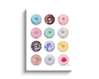 Donut Art Print, 12 Colorful Donuts, Canvas Wrap