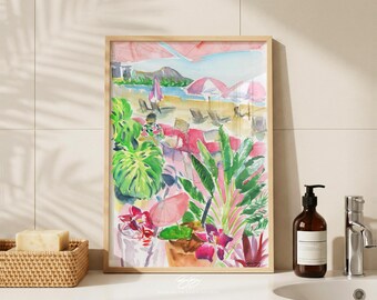 Hawaii watercolor art print, Royal Hawaiian pink hotel, Waikiki beach umbrellas, tropical plants and flowers