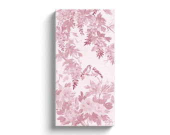 Amelia, A Pink Chinoiserie Canvas Wrap Fine Art Print of birds and flowers