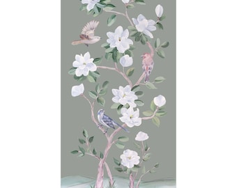 Songbirds And Magnolias, A Green Chinoiserie Fine Art Print