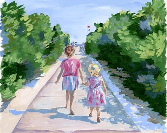 Girls walking to the beach, a coastal fine art print on paper of an original acrylic painting of kids walking down a beach path