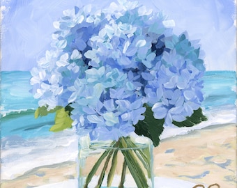 Blue hydrangeas at the beach, a fine art print on paper from an original floral painting (No. 478)
