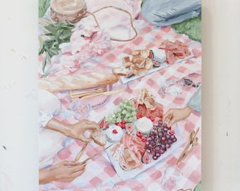 Original art, "Pink Gingham Picnic," acrylic painting of friends picnic with fruit and cheese on gingham blanket