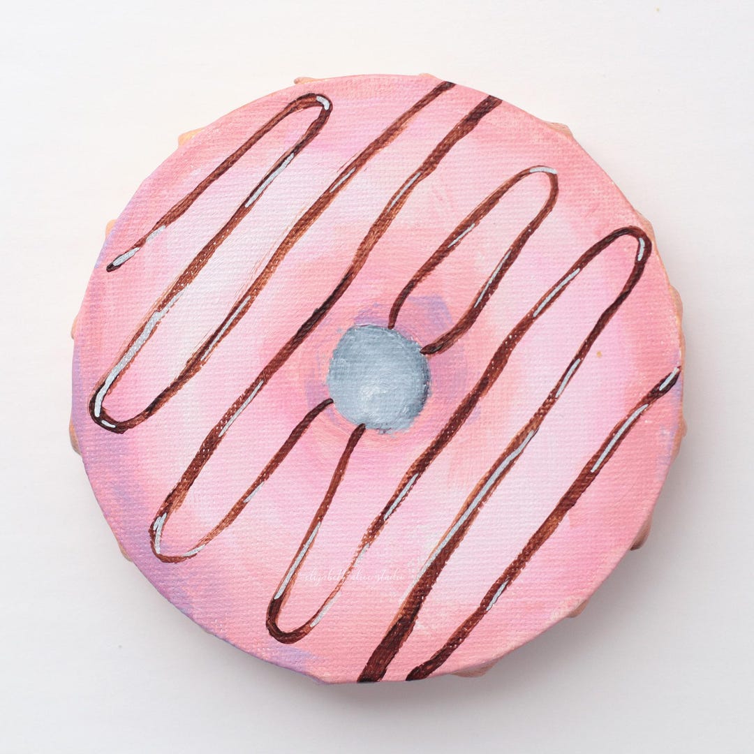 Pink Frosted Donut With Chocolate Drizzle, Original Acrylic Painting on ...