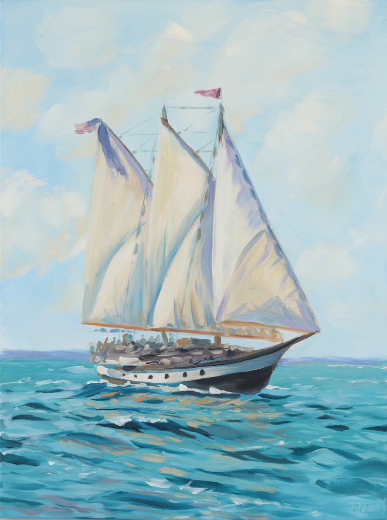 Original sailboat painting, Schooner on the Chesapeake, large coastal art image 2