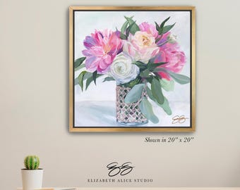Peony flower bouquet in cane vase, art canvas wrap, available framed. "Bring Me a Dream" No. 294