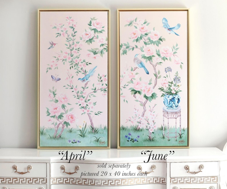 April, A Pink Chinoiserie Canvas Wrap. Sold separately. Baby girl nursery art print image 1