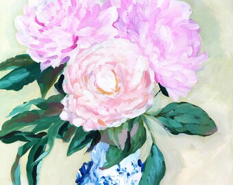 Peony, a floral fine art print on paper of an original acrylic chinoiserie painting, pink peonies in blue and white vase