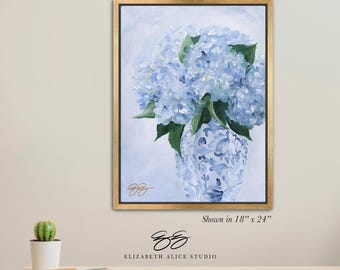 Blue hydrangeas in chinoiserie vase art canvas wrap, available framed. "Quiet Grace" No. 293