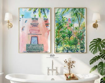 Royal Hawaiian set of two fine art prints on paper, Hawaii watercolor sketchbook paintings, pink hotel, palm trees, tropical flowers