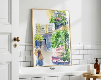 Hawaii watercolor art print, street scene with vintage architecture, palms, tropical plants, umbrellas