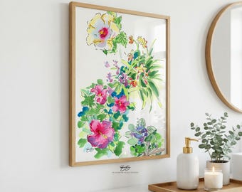 Flowers of Hawaii watercolor art print from my travel sketchbook, pink and yellow hibiscus, lilies
