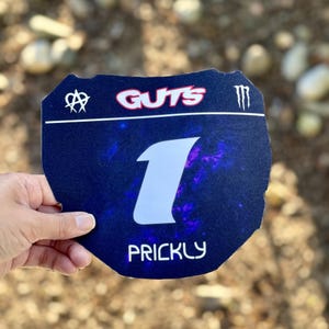 May include: A navy blue sign with the word "GUTS" in red and white, and the number "1" in white. The word "PRICKLY" is at the bottom. The background has a galaxy-like design.