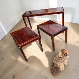 Puede incluir: Tres mesas de madera con un acabado marrón oscuro. Las mesas tienen forma rectangular con patas rectas. La veta de la madera es visible. Un perro pequeño está sentado en el suelo cerca de las mesas.