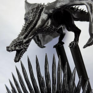 May include: A black dragon figurine with detailed scales and open mouth, perched above a throne of sharp, black spikes. The dragon's wings are spread, and the throne is intricately designed. The figurine is set against a white background.