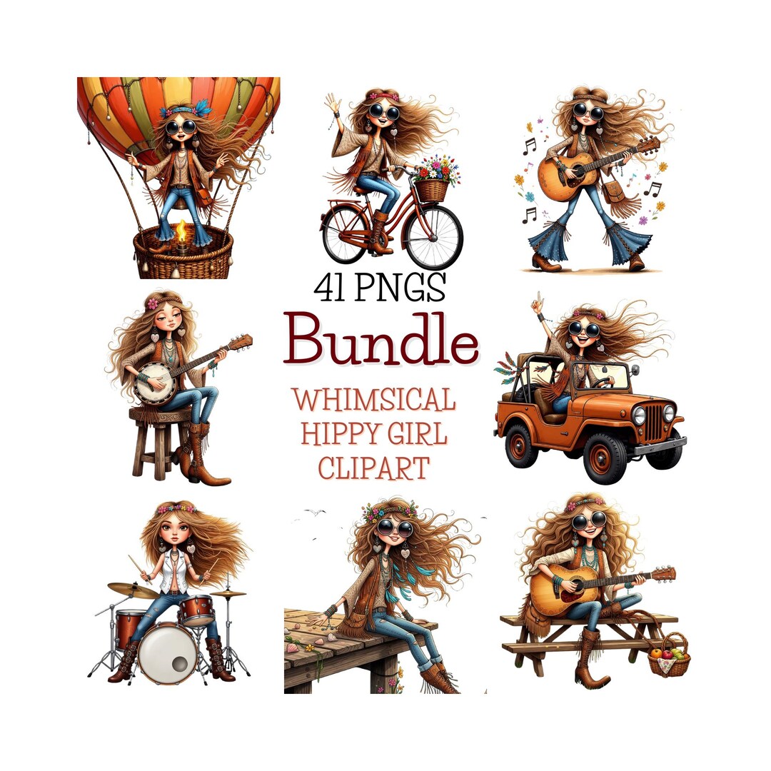 Whimsy Hippy Whimsical Hippy Girl Clipart | 41 PNG | Boho Girl Illustration ...