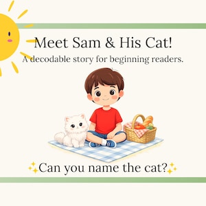 Op de afbeelding: Illustratie van een jongen in een rood shirt en een blauwe korte broek die met een witte kat op een geruite deken zit. Een picknickmand met eten staat in de buurt. Tekst luidt "Meet Sam & His Cat!" en "Can you name the cat?"
