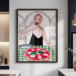 Akwarela z pizzą Margherita, włoska sztuka kulinarna, wystrój kuchni i jadalni (pobranie cyfrowe)