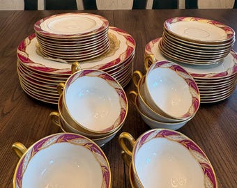Auténtico juego de porcelana Bellevue de Lenox, servicio para 10 personas, detalles en dorado burdeos