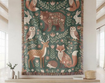 Folk Art Forest Animal Woven Throw Blanket, Scandinavian Woodland Cotton Tapestry, Whimsical Bear Deer Fox Blanket, Nature Lover Gift Ideas