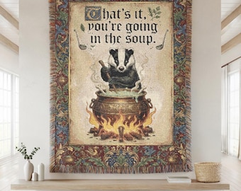 Cottagecore Badger Throw Blanket, Woven Goblincore Tapestry, Funny Medieval Art Rug, Goth Kitchen Decor Gift, Folk Horror Aesthetic