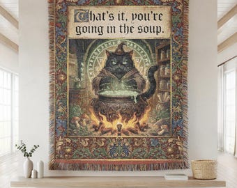 Medieval Cat Woven Blanket, Gothic Witch Cat Tapestry Throw, Funny Dark Humor Blanket, Cottagecore Home Decor Gift