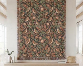 William Morris Style Woven Blanket, Botanical Bird Cotton Throw, Vintage Floral Tapestry Wall Hanging, Cottagecore Aesthetic Home Decor