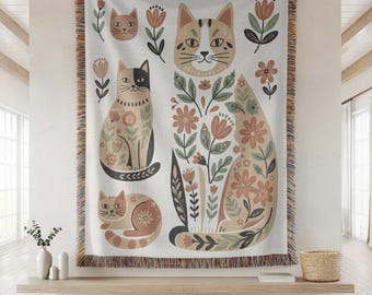 Folk Art Cat Woven Throw Blanket, Scandinavian Floral Tapestry, Botanical Pet Lover Gift, Whimsical Animal Cotton Couch Rug, Boho Home Decor