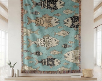 Woven Cotton Fish Blanket – Scandinavian Coastal Beach House Decor