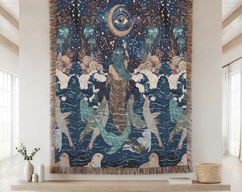 Celestial Mermaid Woven Blanket, Boho Nautical Cotton Throw, Mythical Sea Life Wall Tapestry, Moon & Stars Home Decor, Unique Birthday Gift