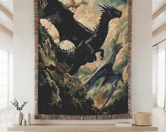 Dragon Woven Throw Blanket, Gothic Fantasy Home Decor, Mythical Creature Tapestry, Dark Academia Wall Hanging, Medieval Dragon Gifts for Men