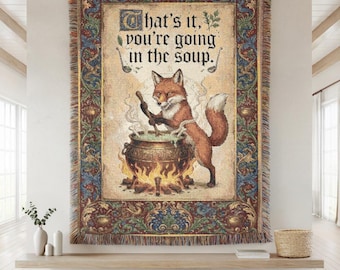 Medieval Fox Tapestry Blanket, Funny Gothic Quote Throw, Vintage Style Woven Couch Blanket, Cottagecore, Dark Humor Gift