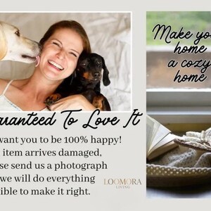 May include: Image with text "Guaranteed To Love It" and "Make your home a cozy home". Includes a woman with two dogs, and a cat in a cozy setting with a book and blanket. The image promotes a comfortable home.