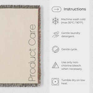 May include: A beige blanket with a fringed edge, featuring the text "Product Care" vertically. Instructions for washing are listed, including machine wash cold, gentle detergent, gentle cycle, non-chlorine bleach, and tumble dry on low heat.