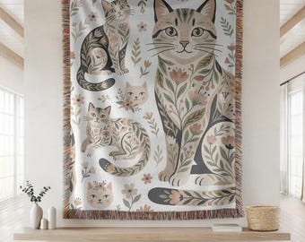 Cat Woven Throw Blanket, Scandinavian Folk Art Cotton Tapestry, Botanical Floral Kitty Couch Cover, Whimsical Animal Lover Gift for Her