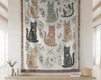 Whimsical Cat Woven Throw Blanket, Scandinavian Folk Art Floral Cotton Tapestry, Boho Flower Kitten Bedspread, Unique Birthday Gift for Mom
