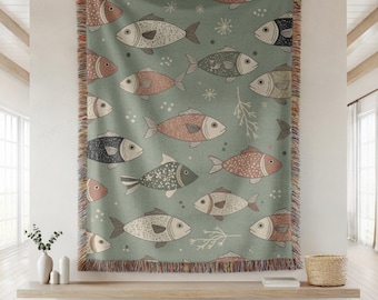 Woven Fish Blanket, Folk Art Nautical Beach House Decor, 100% Cotton Throw