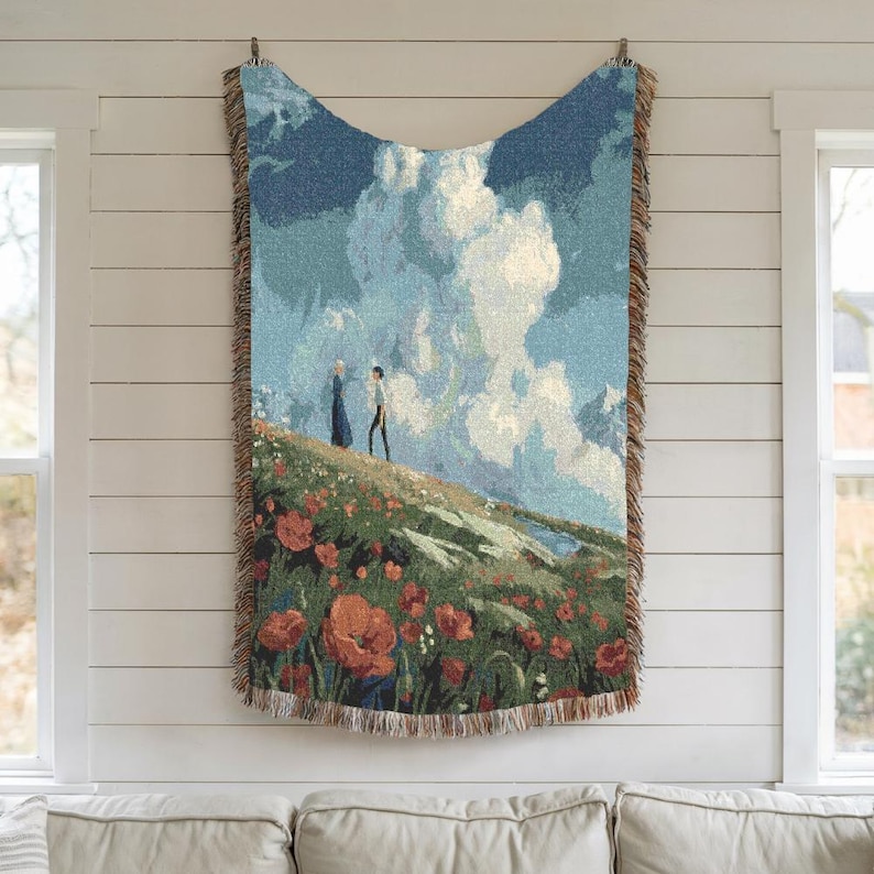 Manta tejida inspirada en Studio Ghibli, manta artística de El castillo ambulante de Howl, decoración de pradera de Sophie y Howl, alfombra de campo de flores de anime, regalo para fans de Ghibli imagen 2