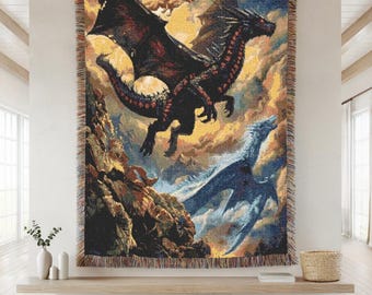 Woven Dragon Throw Blanket, Fantasy Wall Hanging, Dark Academia Decor, Gothic Flying Dragon Tapestry, Mythical Creature Gift