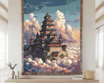 Floating Castle Woven Blanket, Japanese Fantasy Throw, Anime Inspired Home Decor, Celestial Sky Art Tapestry, Cozy Living Room Bedding Gift