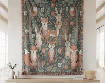 Whimsical Woodland Animal Woven Throw Blanket, Scandinavian Folk Art Forest Tapestry, Fairycore Nursery Decor, Fox and Deer Cotton Afghan