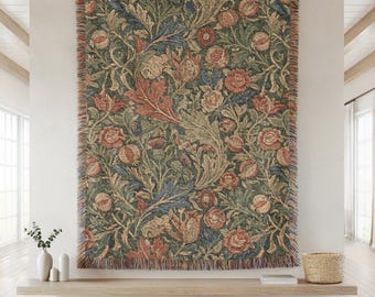 Vintage Rose Woven Throw Blanket, William Morris Style Floral Tapestry, Moody Botanical Wall Art, Dark Academia Decor, Grandmacore Gift Idea