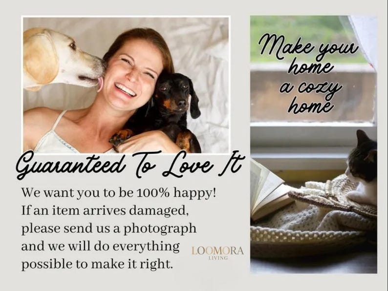 Puede incluir: La imagen muestra a una mujer sonriendo con dos perros, un labrador amarillo y un dachshund. El texto dice "Guaranteed To Love It" y "Make your home a cozy home". Un gato descansa en una cesta con una manta y un libro.