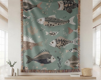 Woven Cotton Blanket, Scandinavian Fish Pattern, Coastal Cottage Decor