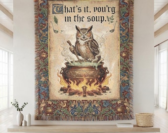 Funny Owl Woven Blanket, Medieval Tapestry Throw, Weirdcore Home Decor, Dark Academia Wall Hanging, Gothic Aesthetic Gift, Vintage Art Rug