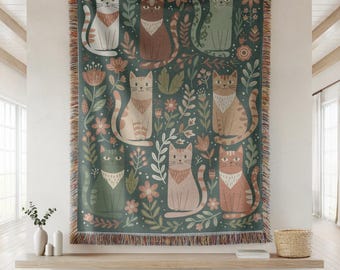 Woven Cat Blanket, Scandinavian Folk Art Throw, Botanical Floral Wall Tapestry, Whimsical Animal Couch Cover, Unique Housewarming Gift Idea